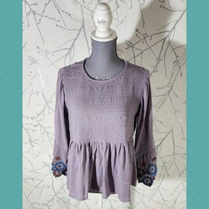 De'Four Purple Smocked Peplum Blouse w/ Embroidered Sleeves